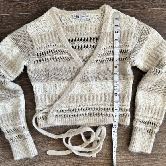 Zara Beige & Cream Striped Cropped Wrap Cardigan - Size S - Picture 13 of 14